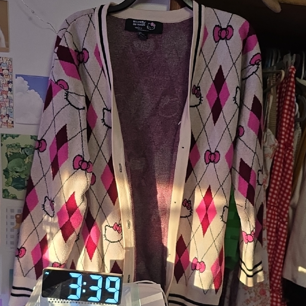 Hello Kitty Pink and White Argyle Cardigan